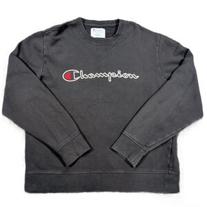 Champion Men's Large Reverse Weave Heavyweight Crew Neck Black Sweatshirt Logo